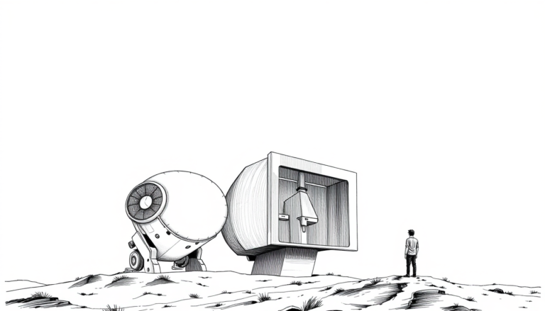 Big Five technology illustration: an industrial robotic arm and automation machinery towering over a small human figure, symbolizing how the Big Five innovations reshape business
